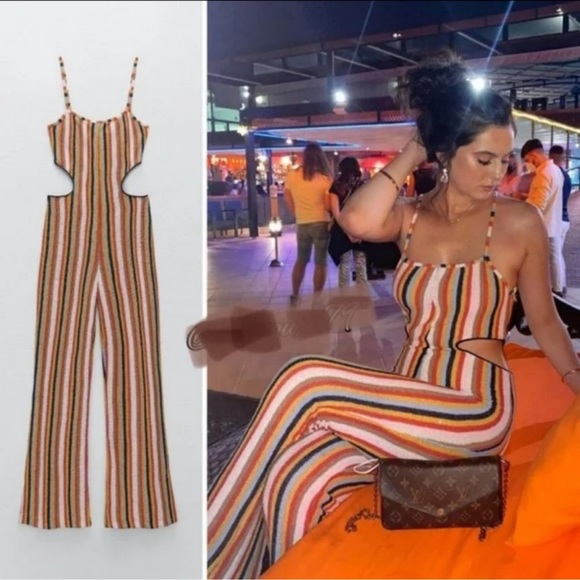 Zara Pants - NWT Zara striped cut out knit jumpsuit Size M